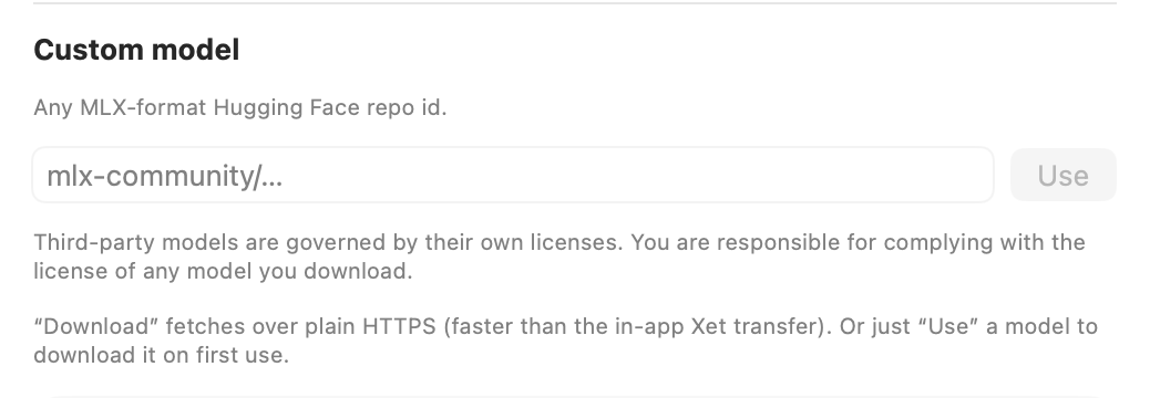 TypeSeer&rsquo;s Custom model setting, with a field for the address of any MLX-format model on Hugging Face and a note that third-party models are governed by their own licenses.