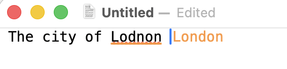 A TextEdit window reading &ldquo;The city of Lodnon&rdquo; with the misspelling underlined in orange and TypeSeer offering the correction &ldquo;London&rdquo; beside it.