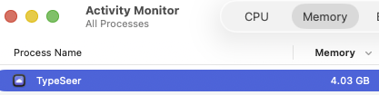 Activity Monitor&rsquo;s Memory tab showing the TypeSeer process holding 4.03 GB of memory.